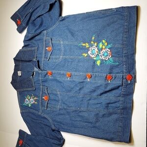 Tudor Court Embroidered Denim Jean Jacket with Rose Petal Buttons Size XL